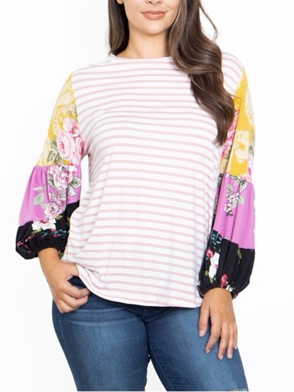 ODDY Ivory Pink Striped Top Sz L Floral Balloon Sleeves Bohemian Chic TC0229